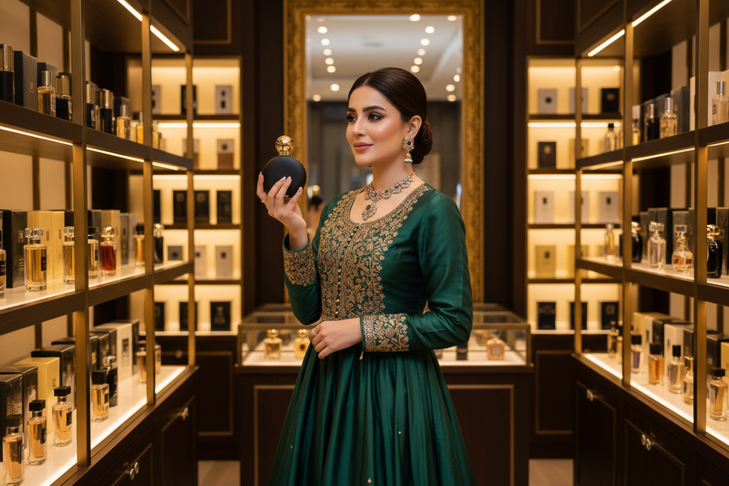 desi pakistani women holding in hand a black round fragrance bottle in a premium perfume outlet